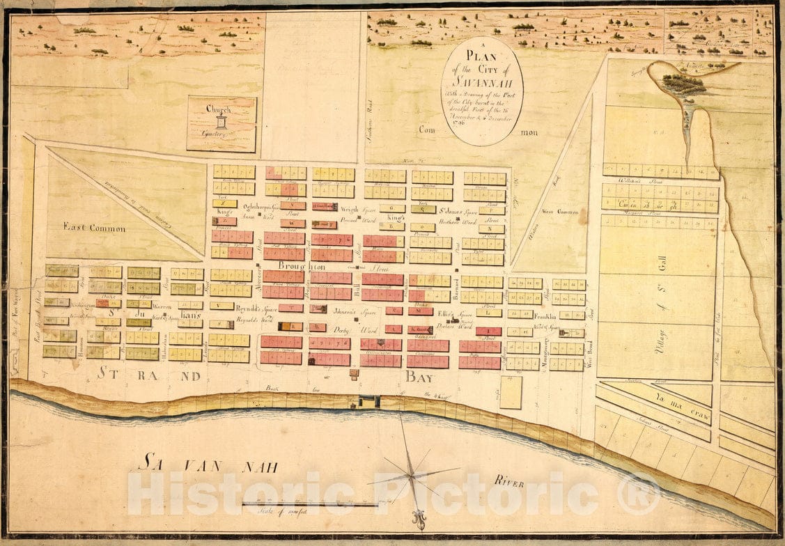 Historical Map, A Plan of The City of Savannah : with a Drawing of The Part of The City Burnt in The Dreadful Fires of The 26 November & 6 December, 1796, Vintage Wall Art