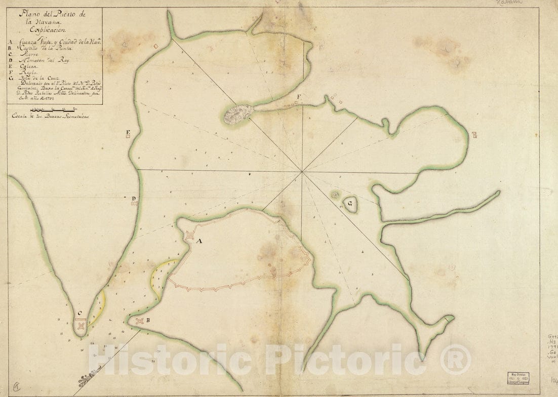 Historical Map, 1791 Plano del Puerto de la Havana, Vintage Wall Art