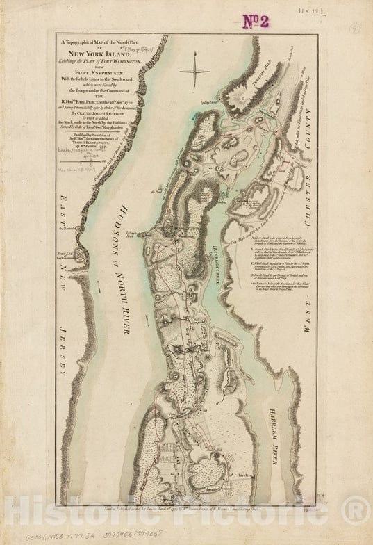 Historical Map, 1777 A Topographical map of The northn. Part of New York Island, exhibiting The Plan of Fort Washington, Now Fort Knyphausen, Vintage Wall Art