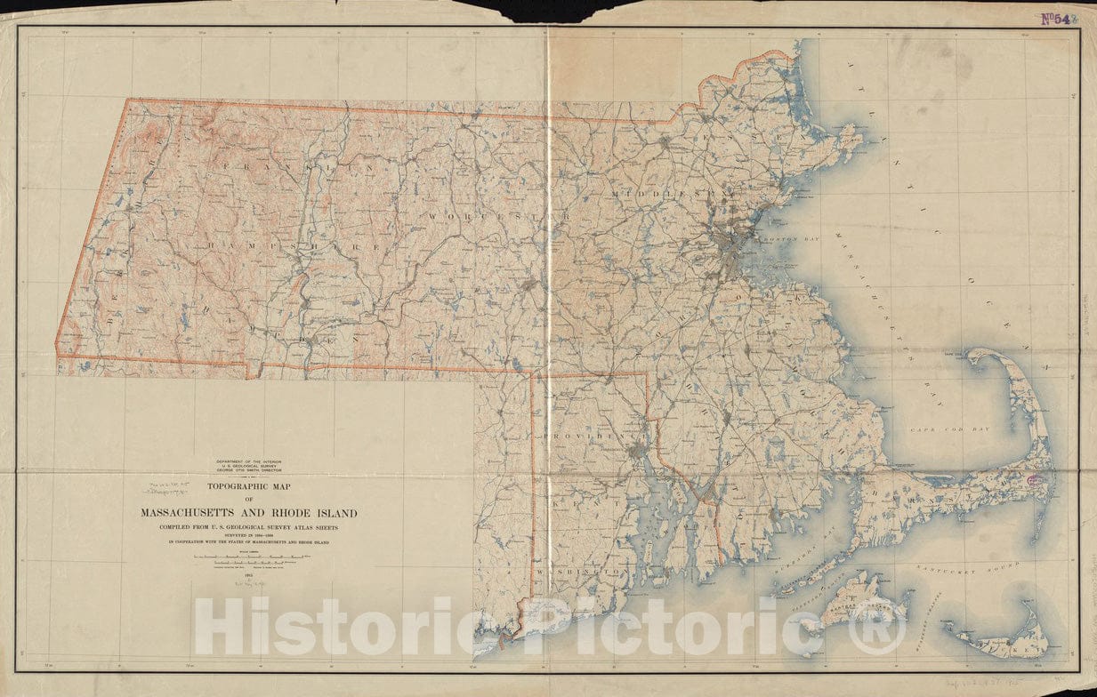 Historical Map, 1915 Topographic map of Massachusetts and Rhode Island, Vintage Wall Art