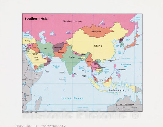 Historical Map, 1986 Southern Asia, Vintage Wall Art