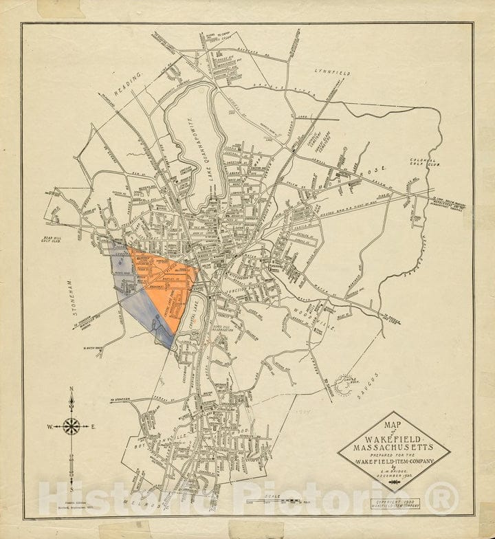 Historical Map, 1930 Wakefield, Massachusetts, Vintage Wall Art