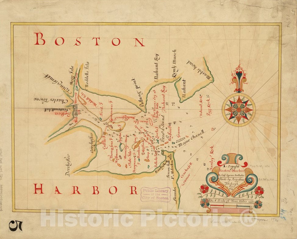 Historical Map, 1694 A Draught of Boston Harbor by Capt. Cyprian Southake, Vintage Wall Art