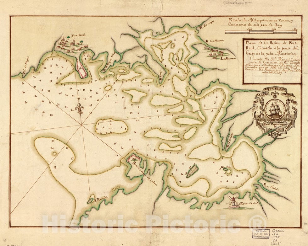 Historical Map, 1758 Plano de la BahiIa de Fort Real cituado a la Parte del oeste de la Ysla Martinica, Vintage Wall Art