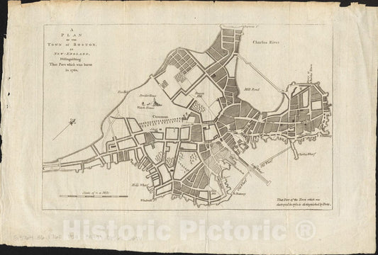 Historical Map, A Plan of the town of Boston, in New-England, distinguishing that part which was burnt in 1760, Vintage Wall Art