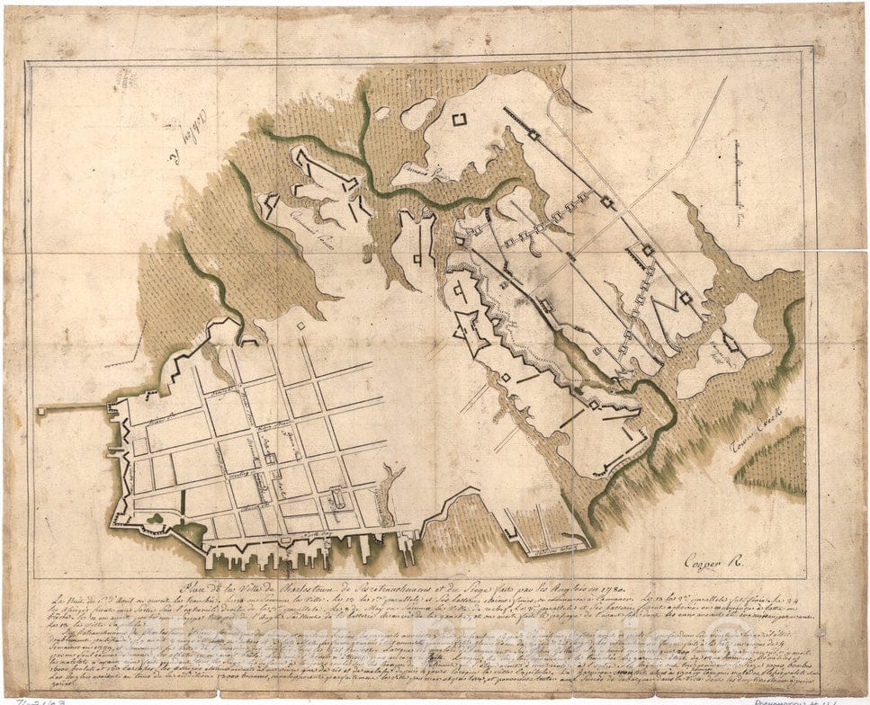Historical Map, Plan de la Ville de Charlestown, de SES retranchements et du Siege faits par les Anglois en 1780, Vintage Wall Art