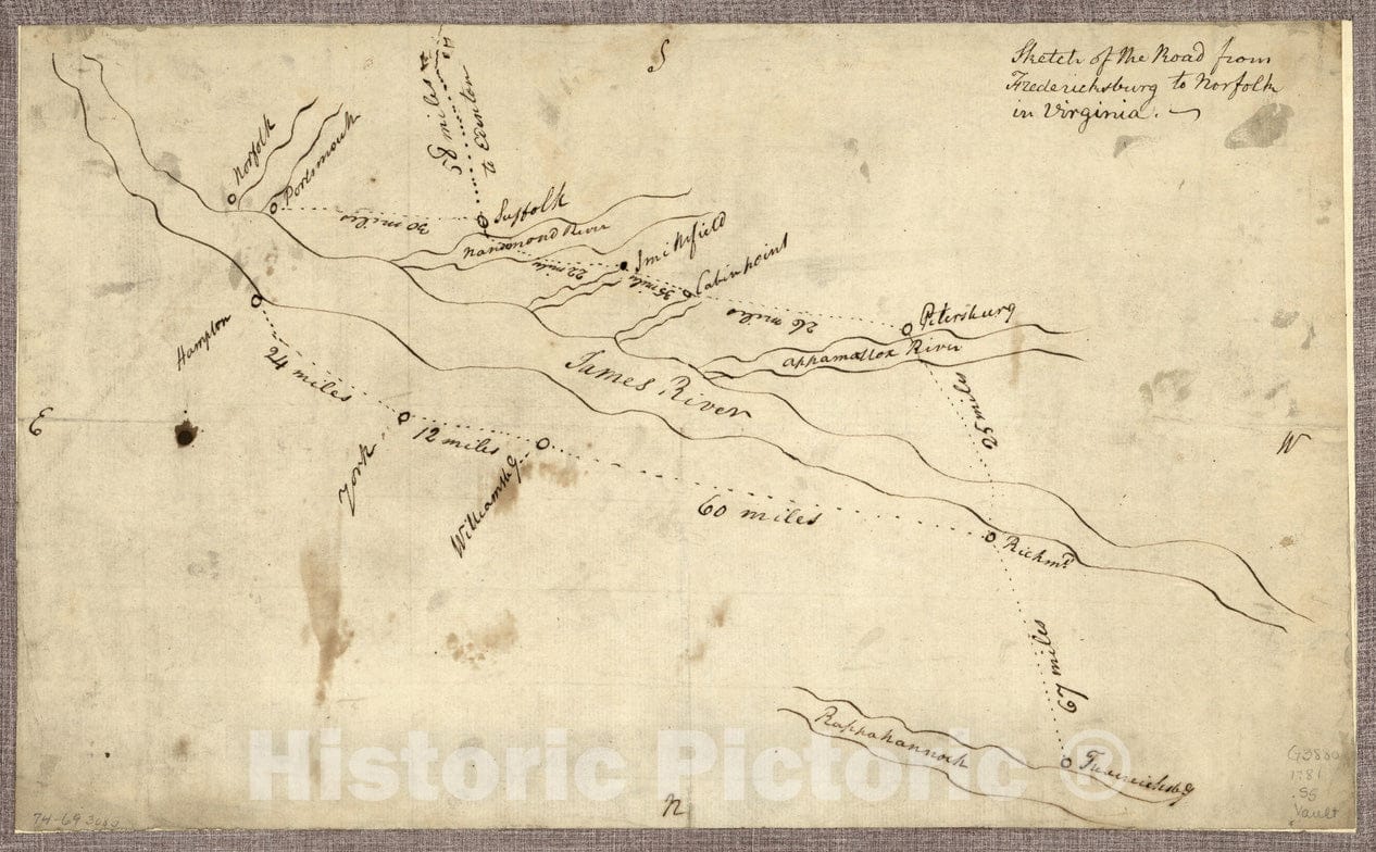 Historical Map, 1781 Sketch of The Road from Fredericksburg to Norfolk in Virginia, Vintage Wall Art