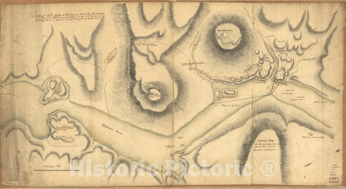 Historical Map, 1776 Sketch of Forts Clinton & Montgomery : stormed The 6th Octob. 1777 by The Troops Under The Command of Sir Henry Clinton, K.B, Vintage Wall Art