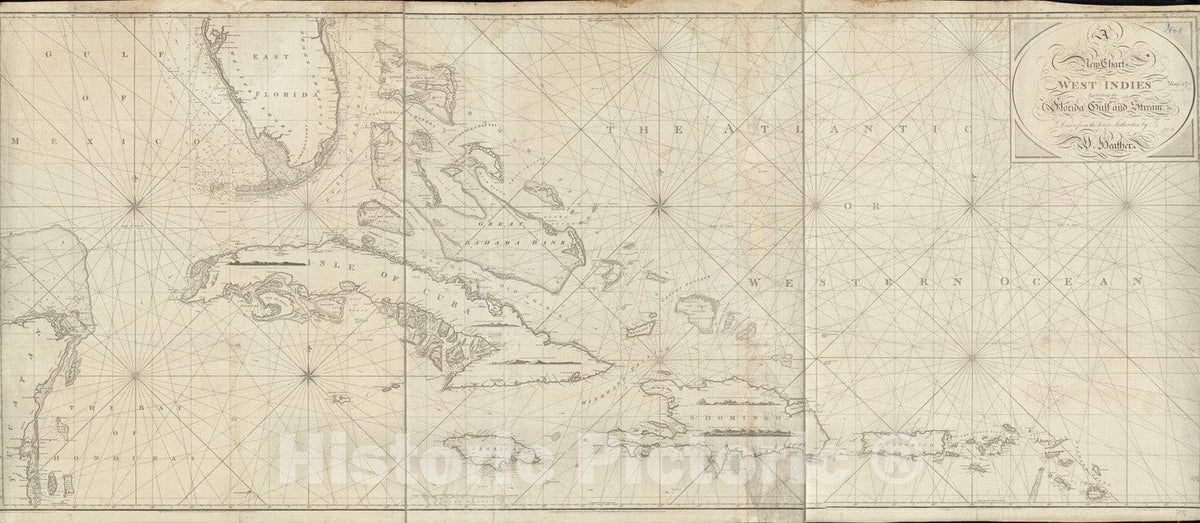 Historical Map, 1797 A New Chart of The West Indies Including The Florida Gulf and Stream, Vintage Wall Art