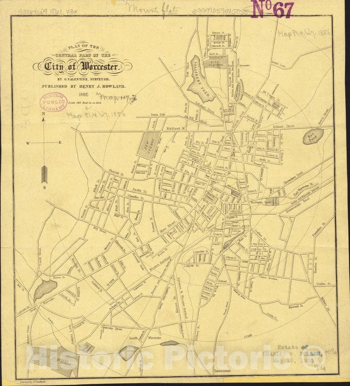 Historical Map, 1861 Plan of The Central Part of The City of Worcester, Vintage Wall Art