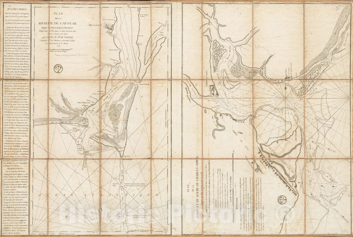 Historical Map, 1778 Plan de la rivieI're du Cap Fear Depuis la Barre jusques a Brunswick, Vintage Wall Art