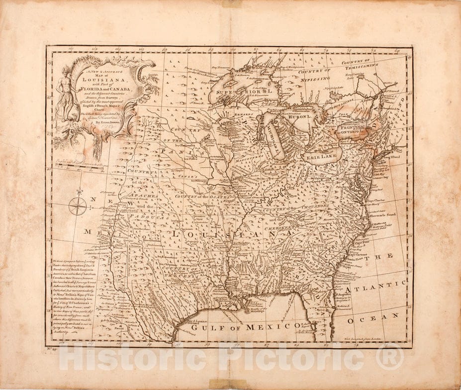 Historical Map, 1750 A New & Accurate map of Louisiana, with pof Florida and Canada, and The Adjacent Countries Drawn from surveys Assisted by The Most app, Vintage Wall Art