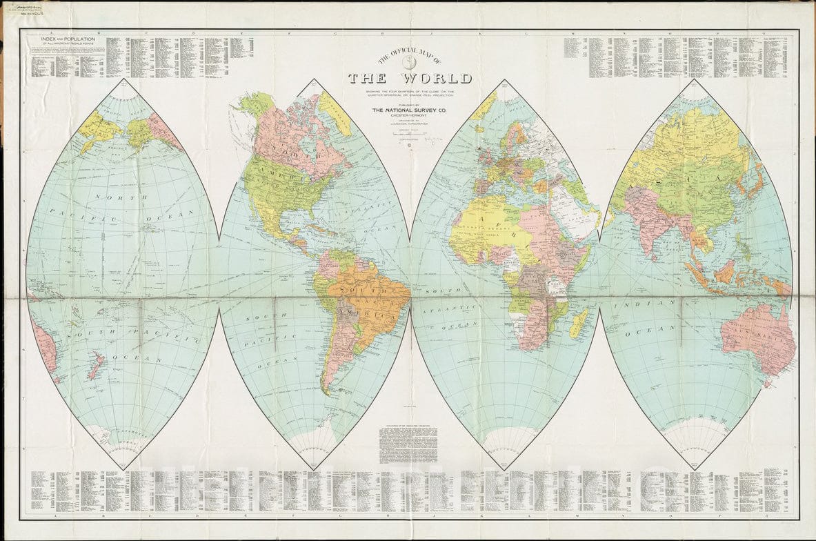Historical Map, 1919 The Official map of The World : Showing The Four Quarters of The Globe on The Quarter-Spherical or Orange Peel Projection, Vintage Wall Art