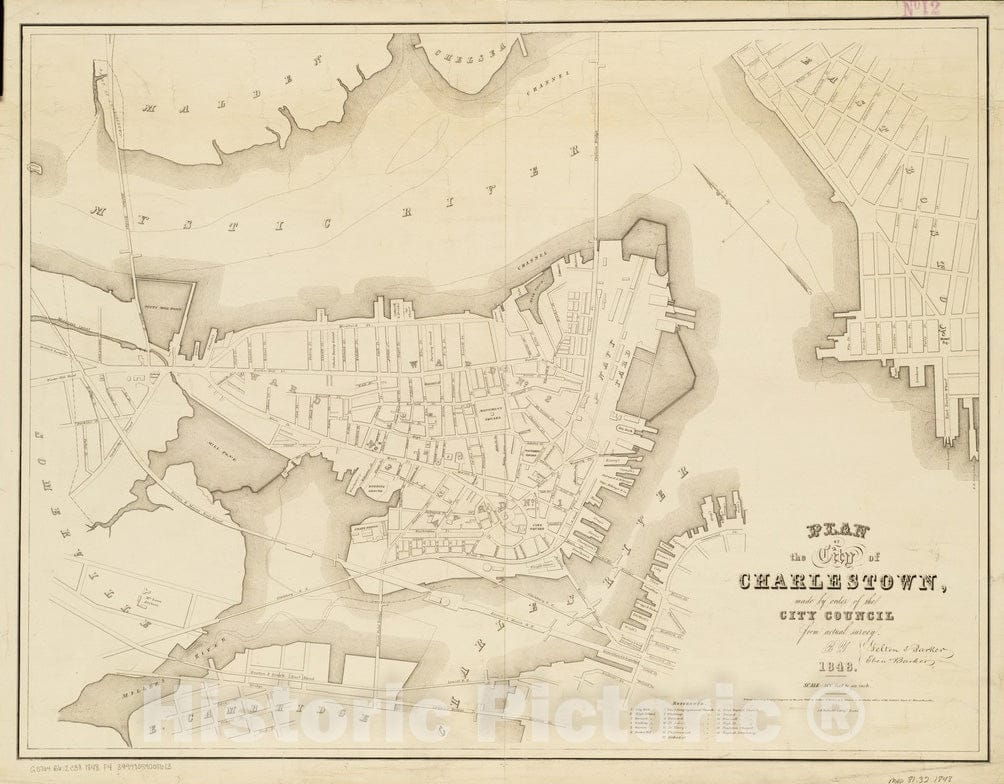 Historical Map, 1848 Plan of The City of Charlestown, Vintage Wall Art