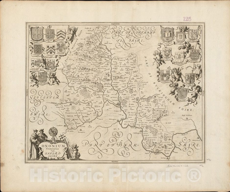Historical Map, 1646 Oxonium Comitatus, vulgo Oxford Shire, Vintage Wall Art