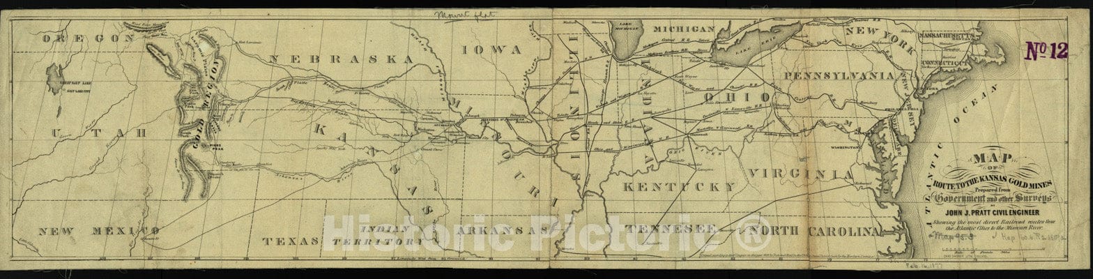 Historical Map, 1859 Map of The Route to The Kansas Gold Mines : Prepared from Government and Other surveys : Showing The Most Direct Railroad Routes, Vintage Wall Art