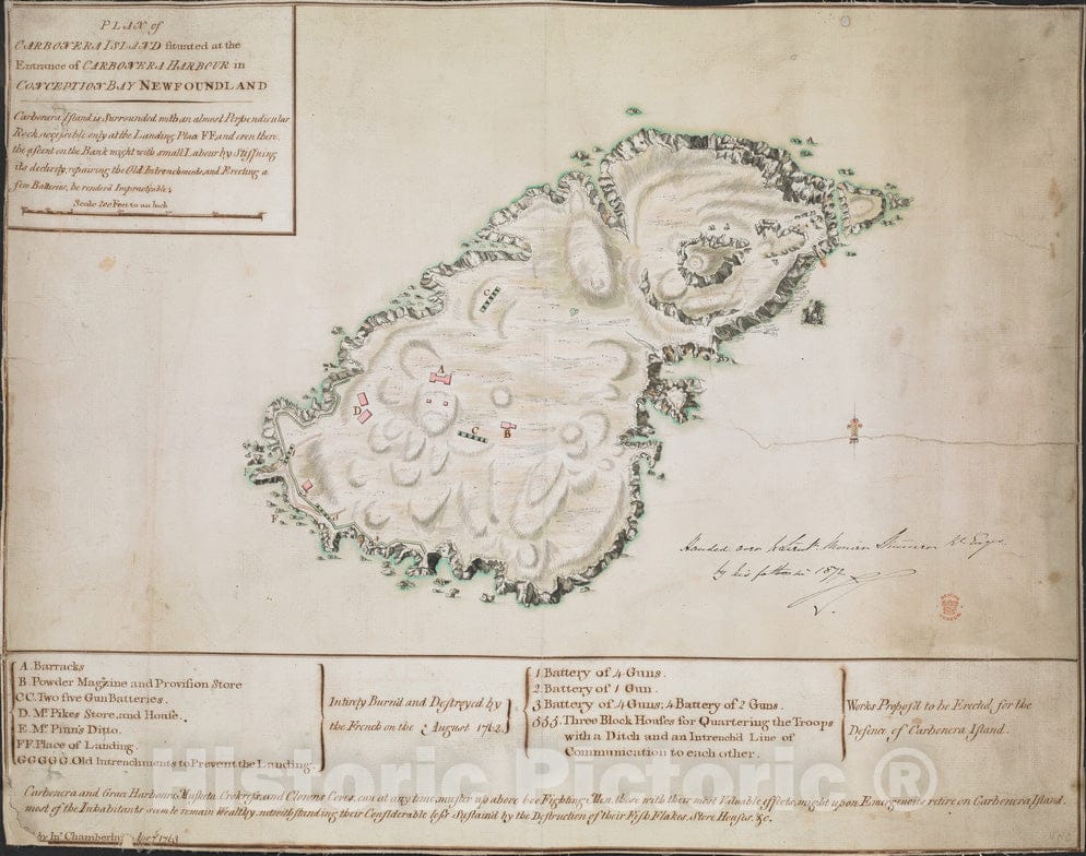 Historical Map, 1763 Plan of CARBONERA Island situated at The Entrance of CARBONERA Harbour in Conception Bay Newfoundland, Vintage Wall Art