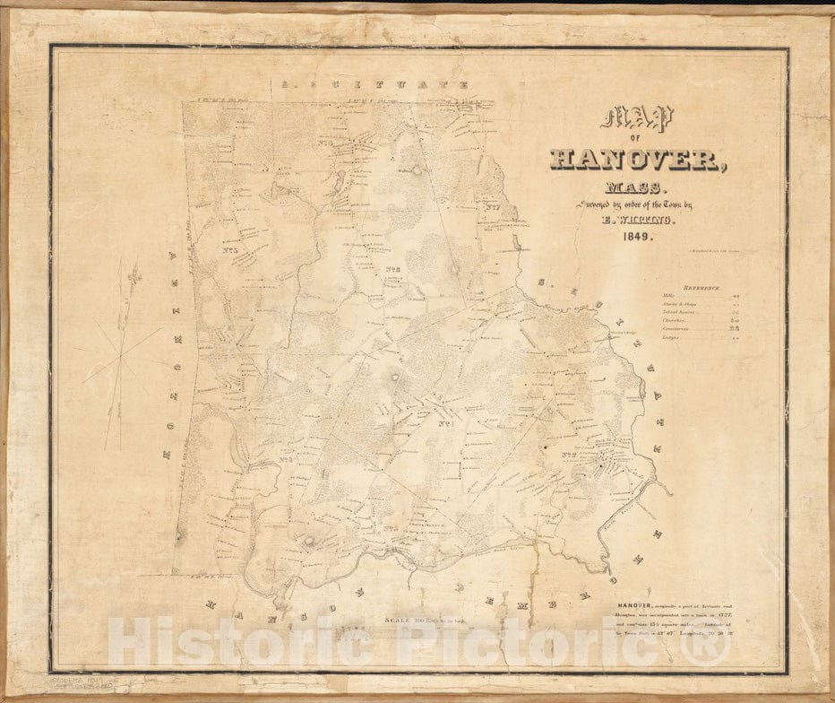 Historical Map, 1849 Map of Hanover, Mass, Vintage Wall Art