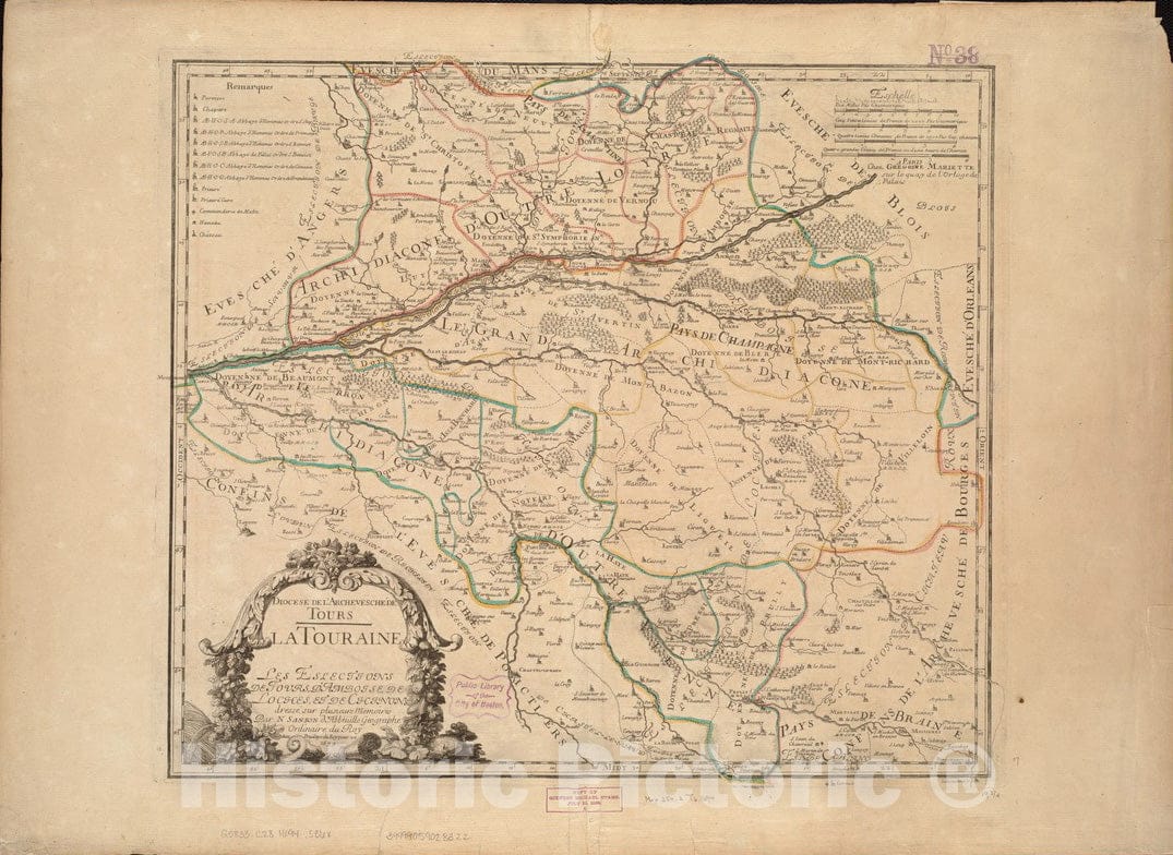 Historical Map, 1694 Diocese de l'archevescheI de Tours : La Touraine : Les Eslections de Tours, d'Amboise, de Loches, et de Chinon, Vintage Wall Art