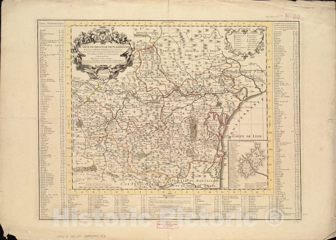 Historical Map, 1704 Carte du Diocese de Narbonne, Vintage Wall Art