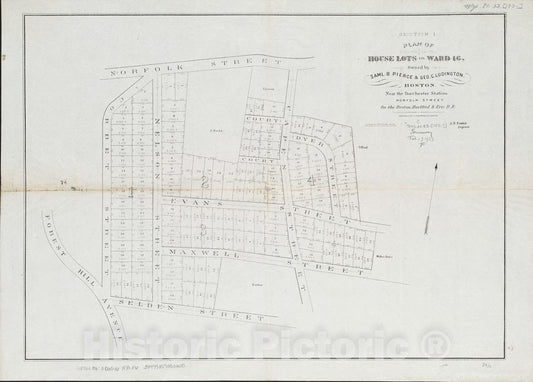 Historical Map, 1870-1880 Plan of House Lots in Ward 16 : Owned by Saml. B. Pierce & Geo. C. Ludington, Boston, Near The Dorchester Station, Norfolk Street, Vintage Wall Art