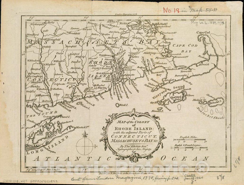 Historical Map, 1778 A map of the colony of Rhode Island : with the adjacent parts of Connecticut, Massachusetts Bay, et cetera, Vintage Wall Art