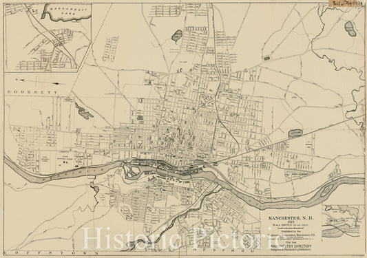 Historical Map, 1919 Manchester, N.H, Vintage Wall Art