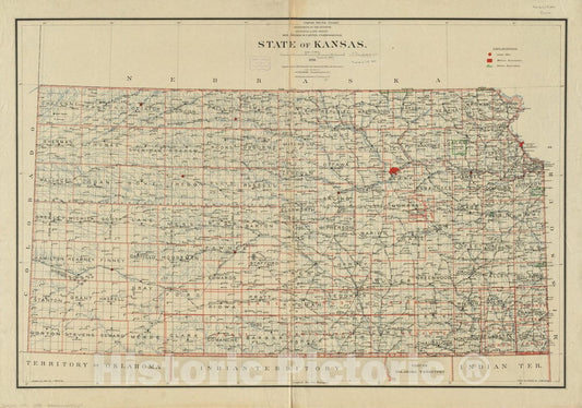 Historical Map, 1891 State of Kansas, Vintage Wall Art