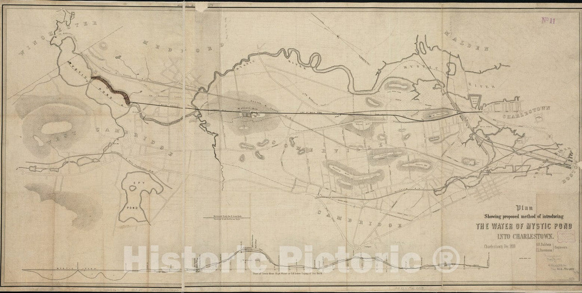 Historical Map, 1859 Plan Showing Proposed Method of Introducing The Water of Mystic Pond into Charlestown, Vintage Wall Art