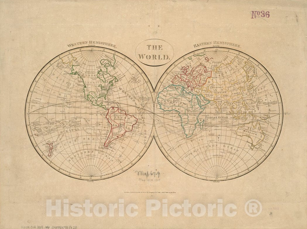 Historical Map, 1808 The World, Vintage Wall Art