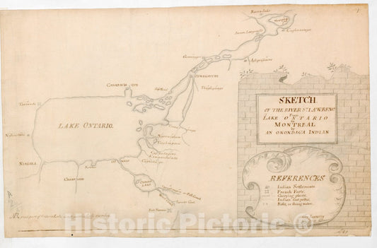 Historical Map, 1759 Sketch of The River S.T Lawrence from Lake Ontario to Montreal by an Onondaga Indian, Vintage Wall Art