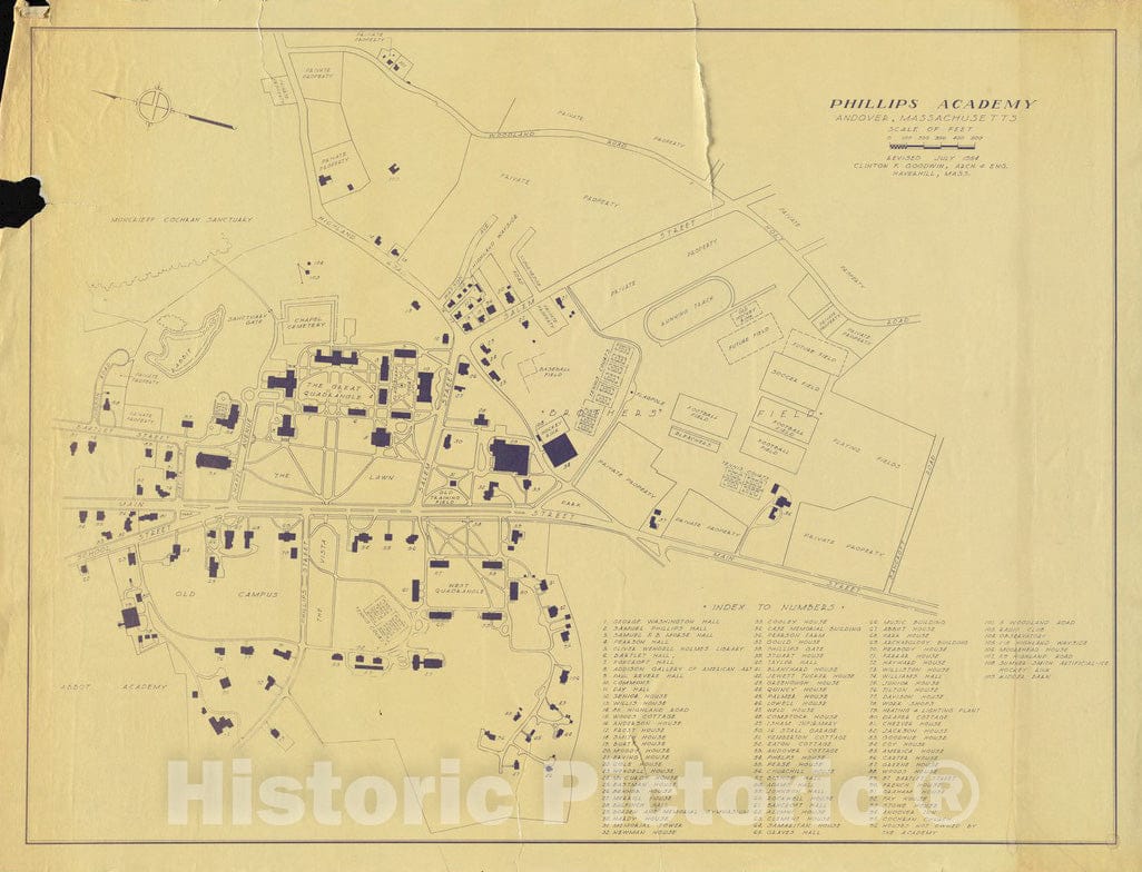 Historical Map, 1954 Phillips Academy, Andover, Massachusetts, Vintage Wall Art