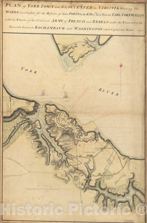 Historical Map, 1781 Plan of York Town and Gloucester in Virginia : shewing the works constructed for the defence of those posts by the Rt. Honble: Lieut. Genera, Vintage Wall Art