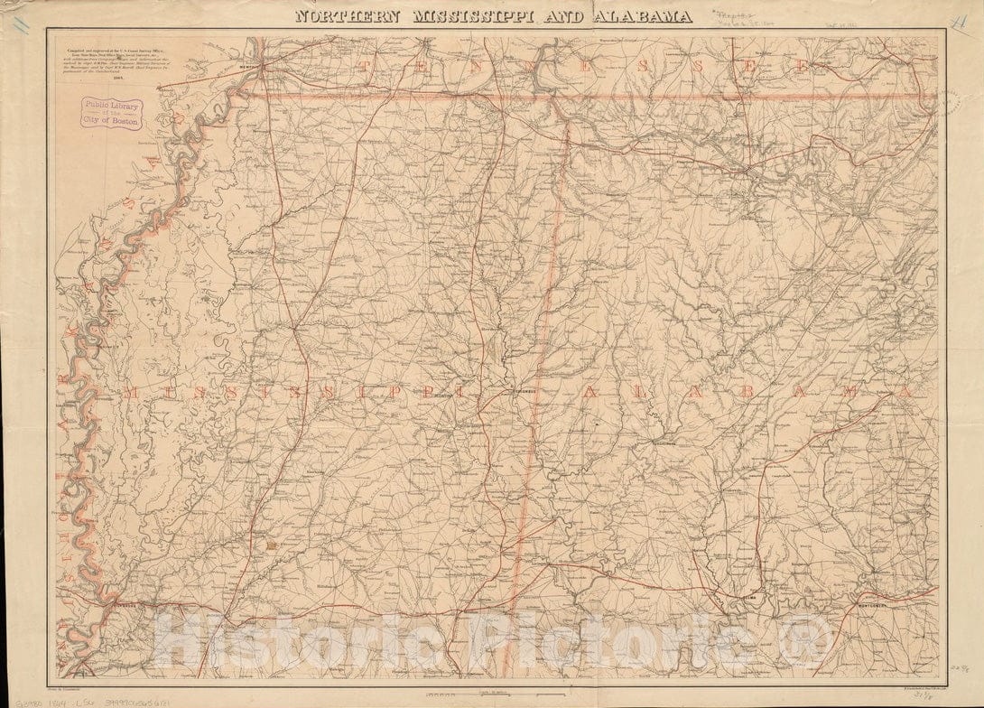 Historical Map, 1864 Northern Mississippi and Alabama, Vintage Wall Art