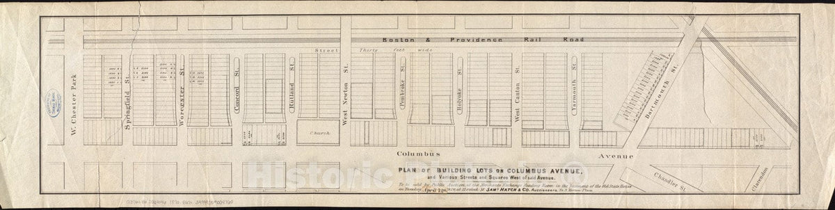 Historical Map, 1870 Plan of Building Lots on Columbus Avenue, and Various Streets and Squares west of Said Avenue, Vintage Wall Art
