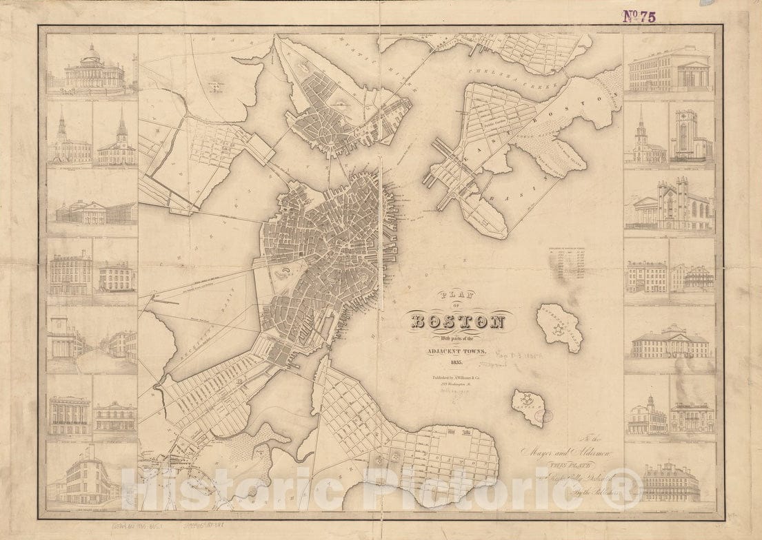 Historical Map, 1835 Plan of Boston with Parts of The Adjacent Towns, Vintage Wall Art