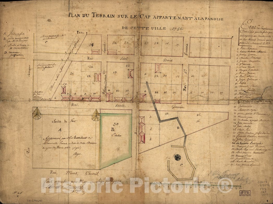 Historical Map, Plan du Terrain sur le Cap appartenant a la paroise de cette uille 1756, Vintage Wall Art
