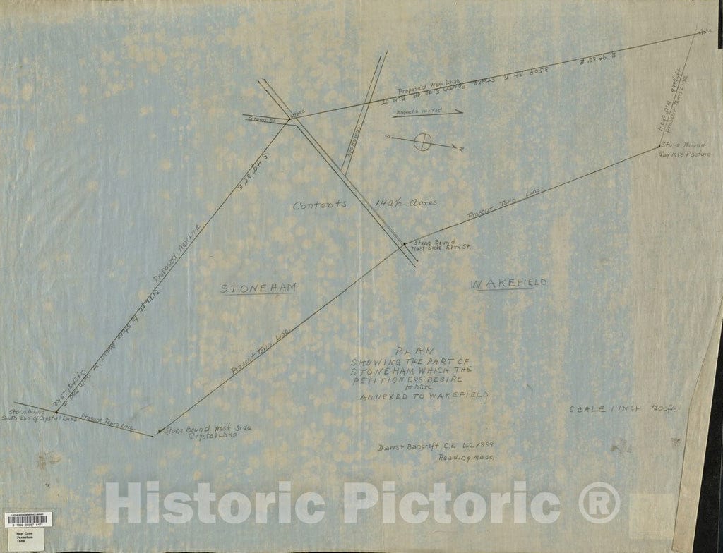 Historical Map, 1888 Plan Showing The Part of Stoneham which The petitioners Desire to Have annexed to Wakefield, Vintage Wall Art
