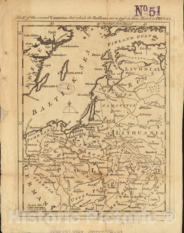 Historical Map, 1757 Map of The Several Countries Thro' which The Russians are to Pass in Their March to Prussia, Vintage Wall Art