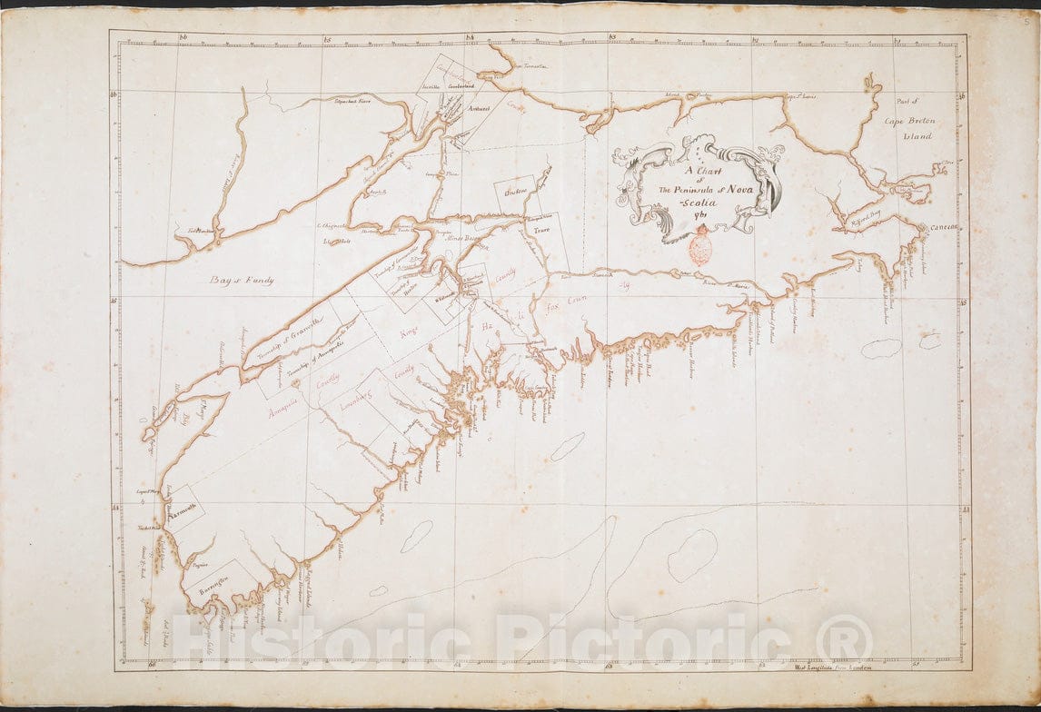 Historical Map, A Chart of The Peninsula of Nova Scotia 1765, Vintage Wall Art
