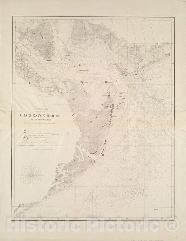 Historical Map, 1863 Charleston Harbor and its approaches showing the positions of the Rebel batteries, Vintage Wall Art : 5132884
