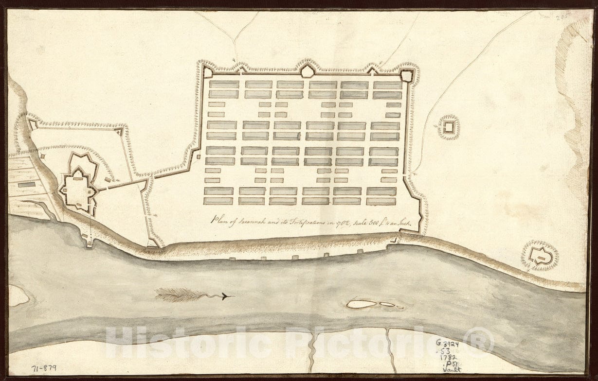 Historical Map, Plan of Savannah and its fortifications in 1782, Vintage Wall Art