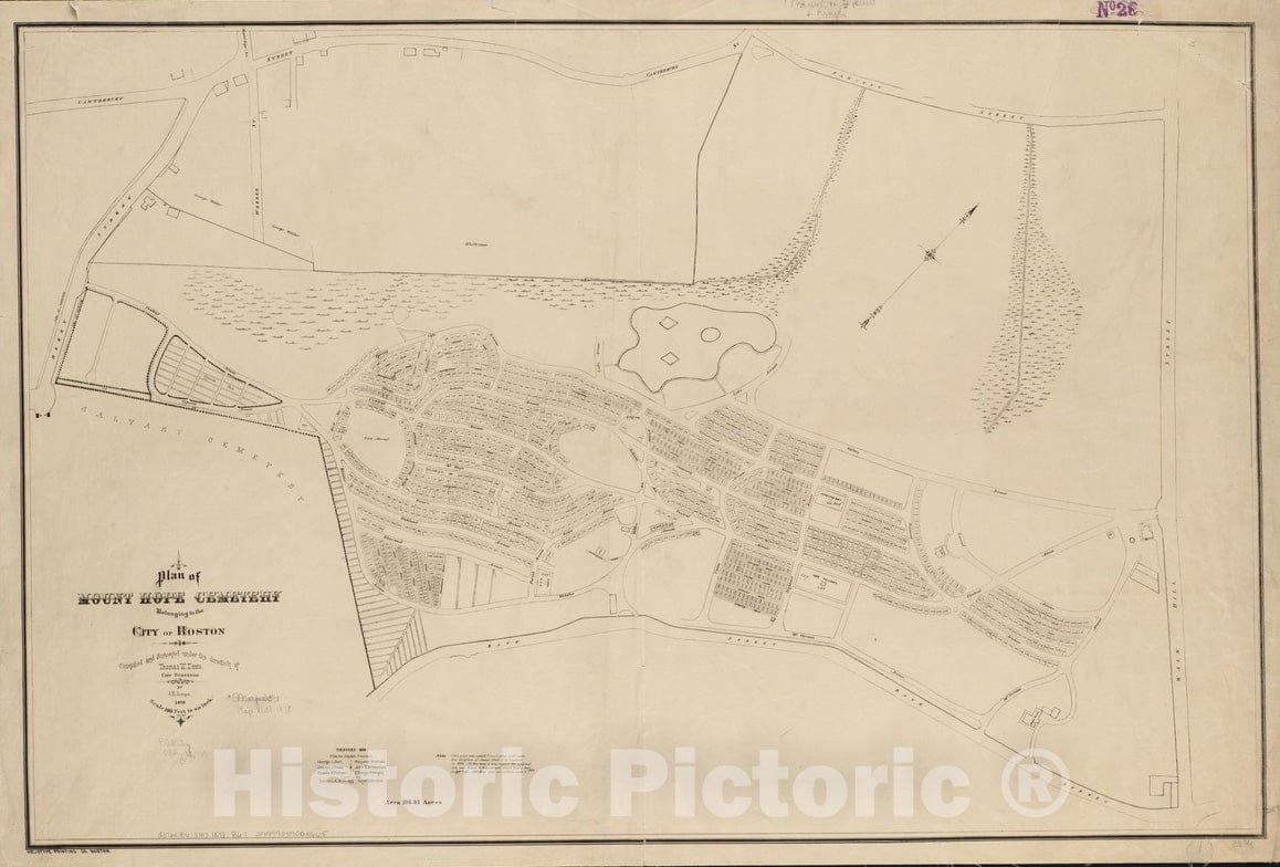 Historical Map, 1878 Plan of Mount Hope Cemetery Belonging to The City of Boston, Vintage Wall Art