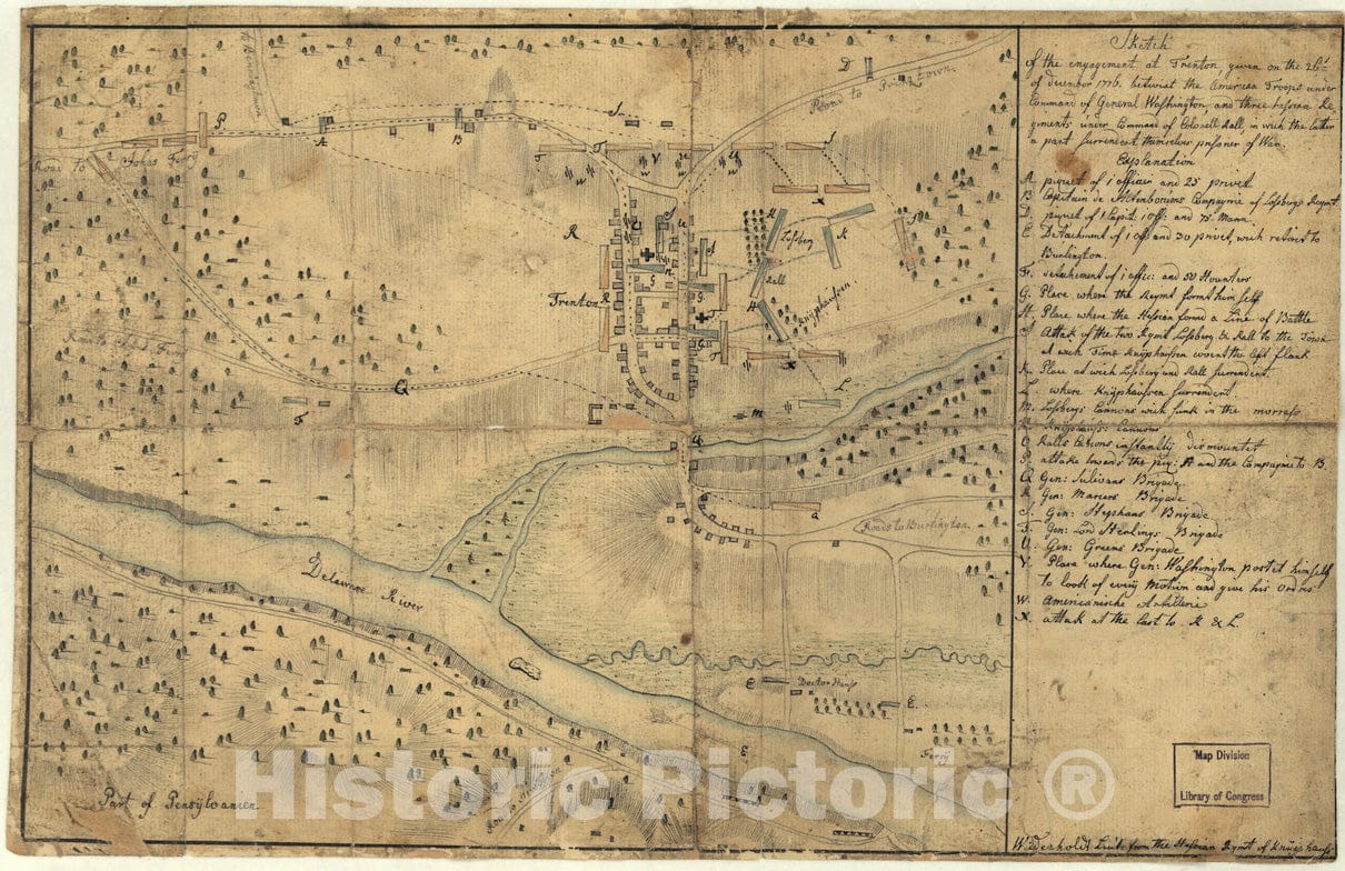 Historical Map, 1776 Sketch of the engagement at Trenton : given on the 26th of December 1776 betwixt the American troops under command of General Washington, Vintage Wall Art