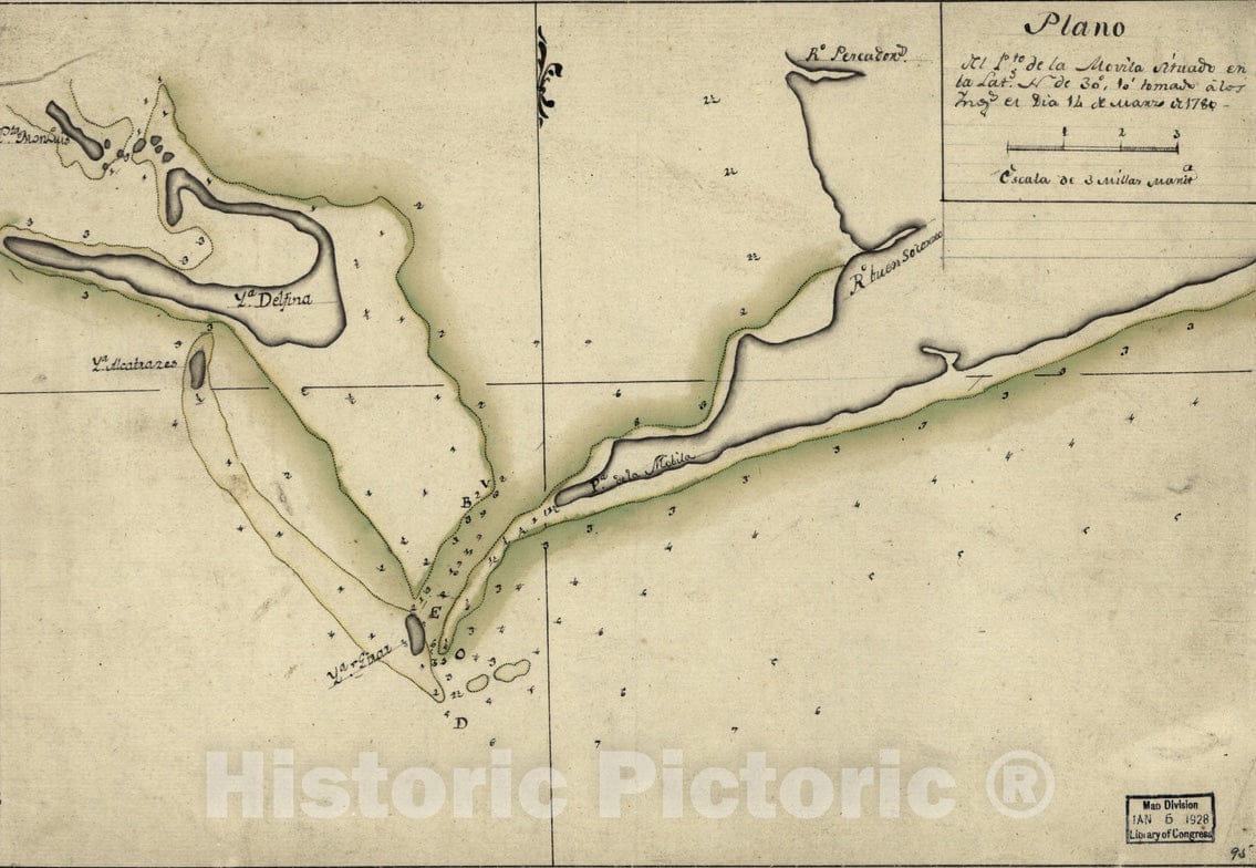 Historical Map, Plano del Pto. de la Movila situado en la latd. N. de 30aÂ° 10EÂ¹ tomado aI Los Ings, el DIIa 14 de Marzo de 1780, Vintage Wall Art