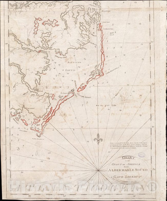 Historical Map, 1790 Chart of The Coast of America from Albermarle Sound to Cape Lookout, Vintage Wall Art