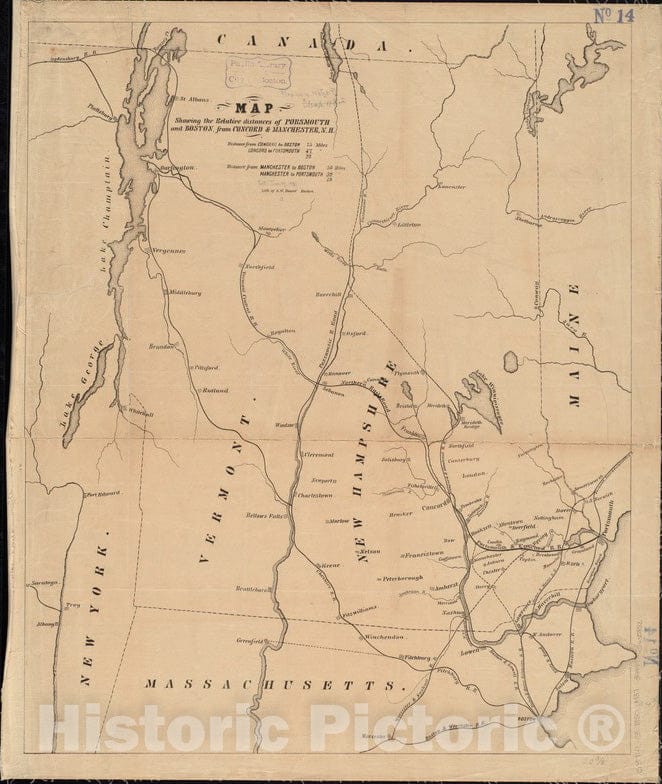 Historical Map, 1850 Map Showing The Relative Distances of Porsmouth [i.e. Portsmouth] and Boston from Concord & Manchester, N.H, Vintage Wall Art