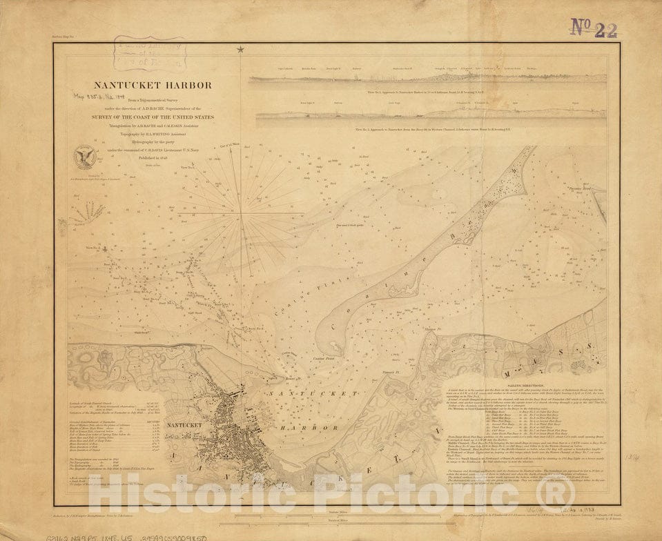Historical Map, 1848 Nantucket Harbor, Vintage Wall Art