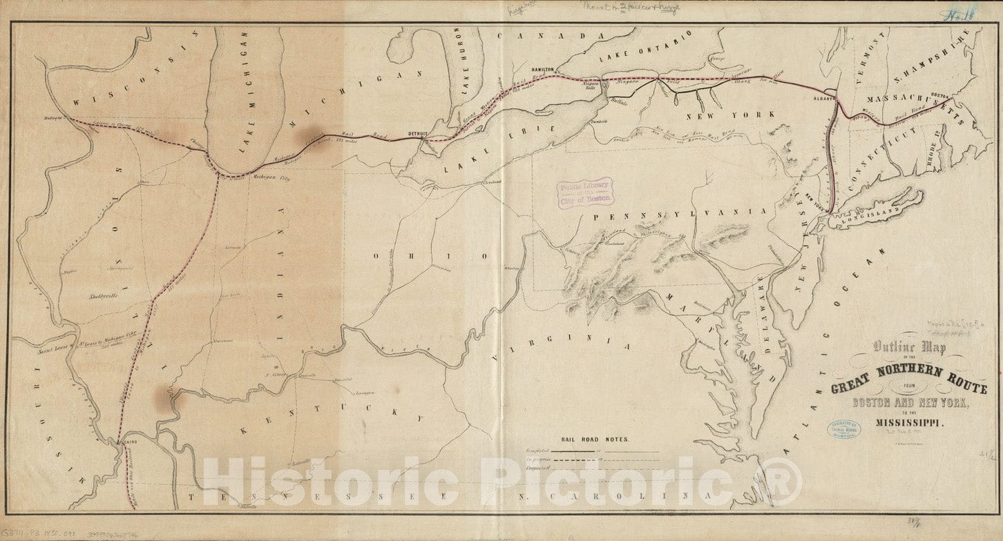 Historical Map, 1850-1859 Outline map of The Great Northern Route from Boston and New York to The Mississippi, Vintage Wall Art