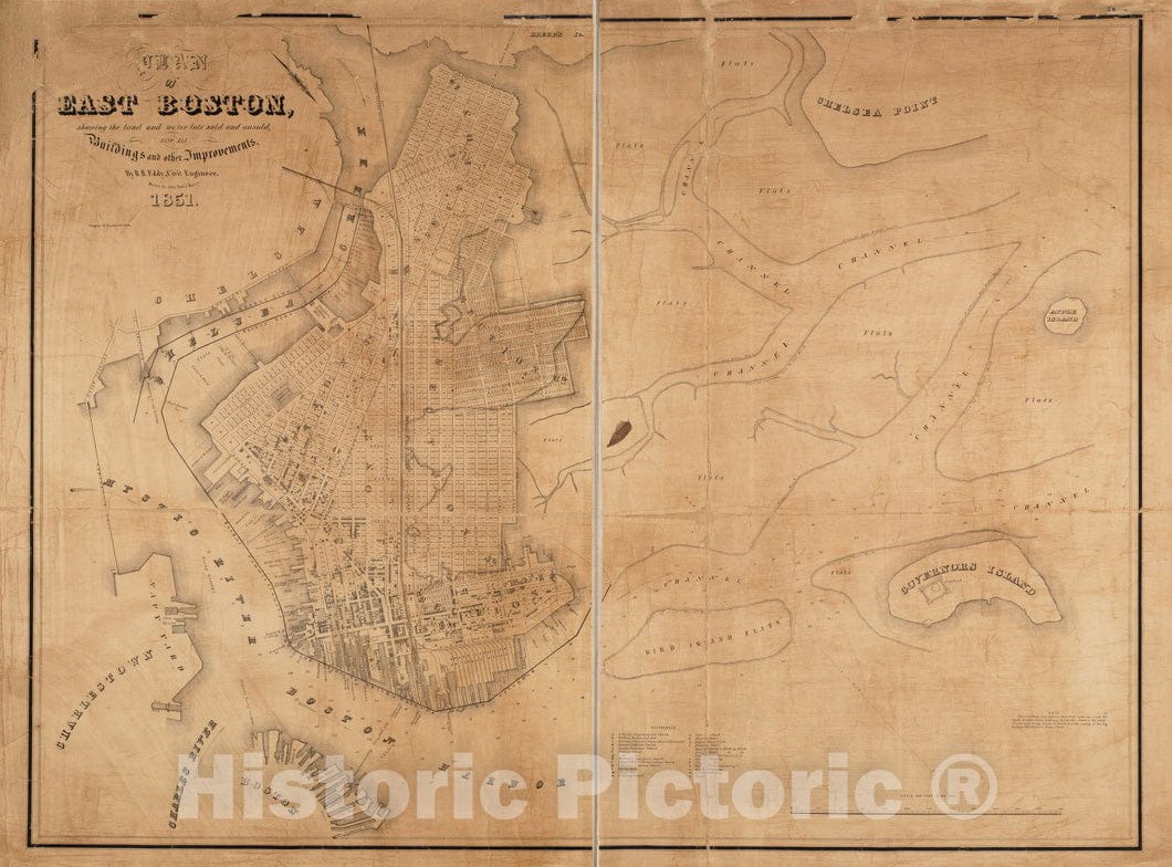 Historical Map, 1851 Plan of East Boston Showing The Land and Water Lots Sold and unsold, Also All Buildings and Other improvements, Vintage Wall Art